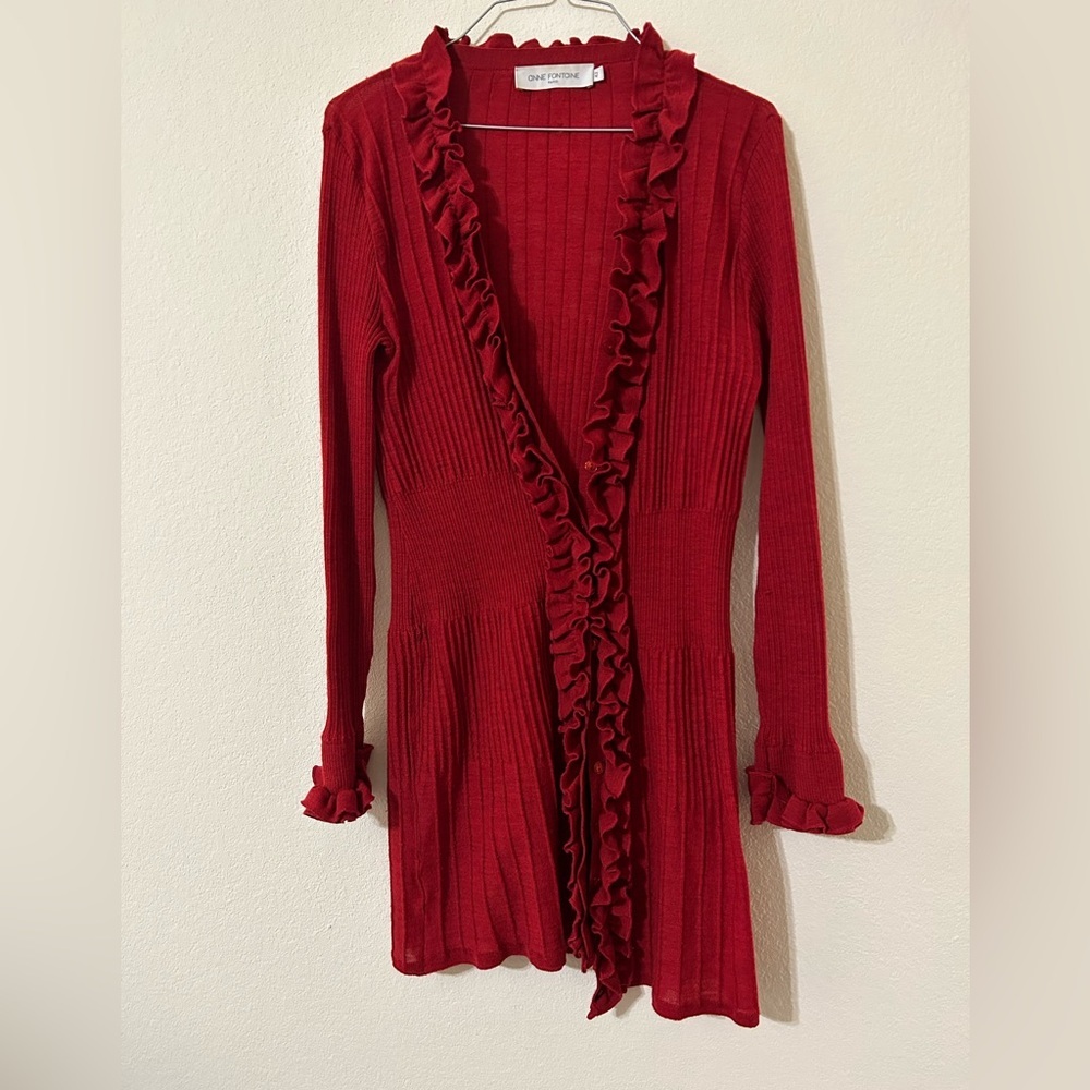 Anne Fontaine Emmalee Red Ruffled Wool Ribbed Dress Button Up Size 42 Women’s
